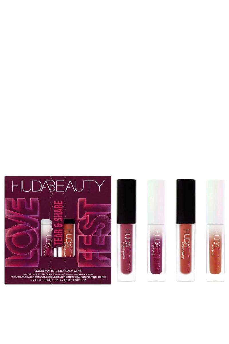 HUDA BEAUTY LIQUID MATTE &SILK BALM MINIS SET TEAR SHARE LOVE FEAST